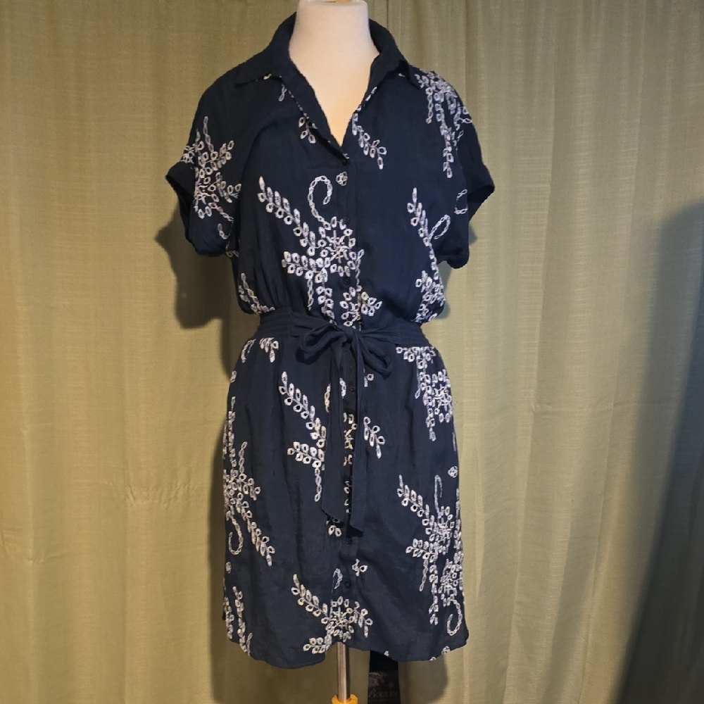 Tribal Button Front Navy Dress with White Accents